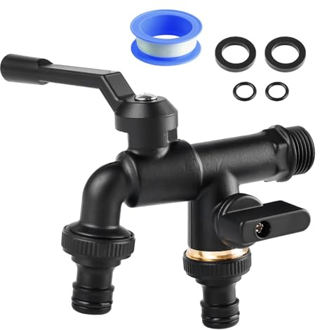 Robinet de jardin 1/2, double robinet en laiton, anti-gel, double robinet avec 2 sorties de 3/4, 1 bande d'étanchéité à rouleau, pour citerne d'eau de pluie extérieure de jardin
