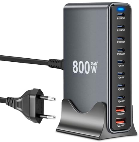 10 in 1 & 800W USB C Ladegerät Mehrfach, GaN III USB Schnellladegerät Mehrfach mit 8×USB-C + 2×USB-A, Power PD140W USB-C Ladestation für MacBook Pro/Air, iPhone 17/16/15, iPad, Galaxy mehr