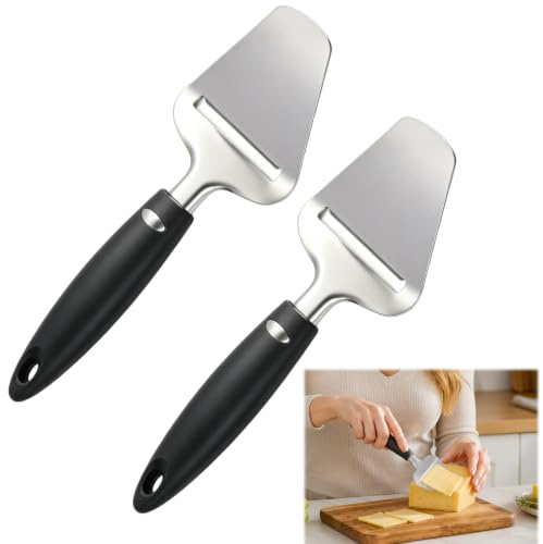 Lot de 2 coupe-fromages multifonction en acier inoxydable, trancheuse à fromage et légumes divers, manche en silicone antidérapant, entretien facile, compatible lave-vaisselle, design élégant