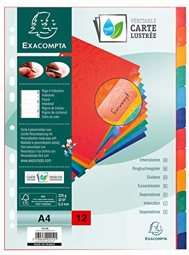 Exacompta - Réf. 2212E - Intercalaires en carte lustrée 225g/m2 FSC® avec 12 onglets neutres en couleurs - renforcés et plastifiés - Bande de perforation renforcée - Format à classer A4