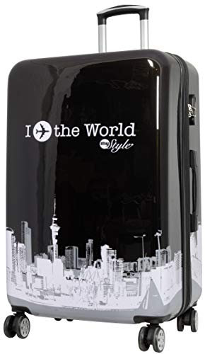 Trendyshop365 Reisekoffer Hartschale Fly The World 77 Zentimeter 94 Liter 4 Räder Schwarz Designprint Zahlenschloss