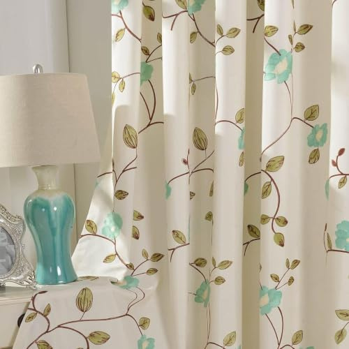 VOGOL Rustikaler Stil Ösen Vorhänge 213 cm Länge, Mintgrün Blumenmuster bestickt elegant lichtfilternde Fenstervorhänge für Wohnzimmer Schlafzimmer Gästezimmer, 132 x 213 cm, 2 Paneele