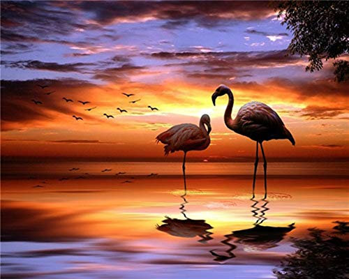 YEESAM ART DIY Ölgemälde Malen nach Zahlen Erwachsene Kinder, Flamingo Sonnenuntergang Meer 16x20 Zoll Zahlenmalerei ab 5 Öl Wandkunst