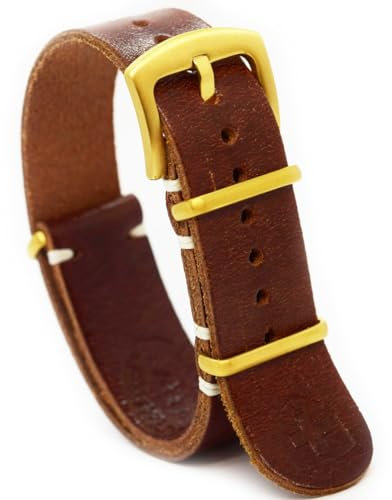 NATO-Uhrenarmband, Zulu-Band, Leder, Militär-Stil, geölt, lang, braun, Whiskey, Leinen, stilvolle Edelstahl-Schnalle, wählen Sie Größe 18 mm, 20 mm, 22 mm, 24 mm, Gelbgold, 20 mm, NATO
