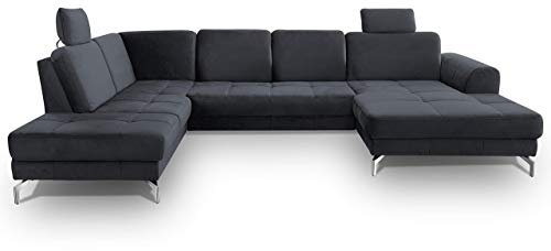 CAVADORE Wohnlandschaft Benda / Große Sofagarnitur mit XL-Longchair rechts & Federkern / Inkl. Sitztiefenverstellung & Kopfstützen / 332 x 87 x 226 / Samt: dunkelblau