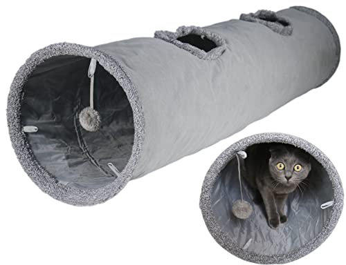 Terunat Katzentunnel für Indoor-Katzen, 130 x 30 cm, faltbarer großer Katzentunnel, grauer Wildleder-Haustier-Tunnel mit zwei Löchern und einem Bubble Ball
