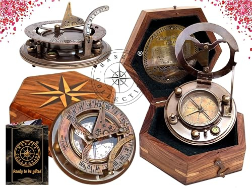 Hanzla Collection Gilbert Sonnenuhr-Kompass mit Holzgehäuse, handgefertigt, Messing, Sonnenuhr, Navigation, Sonnenuhr