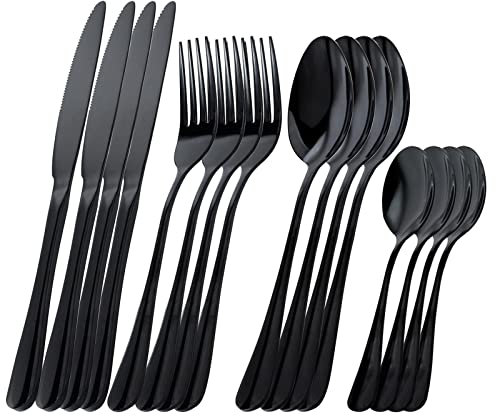 OBR KING Couverts noirs 16 pièces en acier inoxydable 18/0, couverts avec couteau, fourchette, cuillère et cuillères à café, couverts polis pour 4 personnes, passe au lave-vaisselle