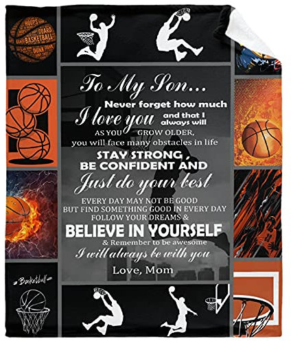 Überwurfdecke, Motiv: Basketball an meinen Sohn von Mama, weicher Flanell-Fleece, Samt, Plüsch, personalisierbar, flauschig, warm, gemütlich, weiche Bettwäsche, Decken, Anti-Pilling, 203,2 x 152,4 cm