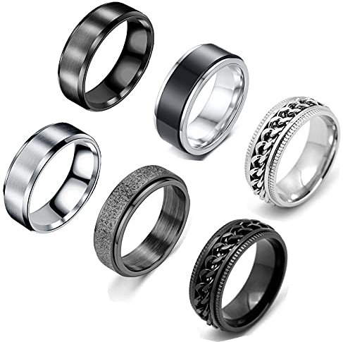 VELESAY 6 Stück schwarzer Edelstahlring für Männer Frauen Vintage Rock Gothic Ring Kette Ring Herren Schwarz Punk Kettenring Herren Edelstahl Frauen, Edelstahl, Kein Schmuck