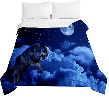 Chickw1 Tagesdecke Bettüberwurf Steppdecke, 3D Wolf Tier Drucken Sommer Tagesdecken mit Präge Wohndecke aus Mikrofaser Gesteppt Bettdecke für Einzelbett Doppelbett (Mond Wolf,150x200cm)