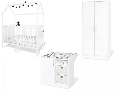 Babyzimmer Möbel Set Kinderzimmer 'Hilda & Viktoria', mit Hausbett, Wickelkommode und Schrank, weiß