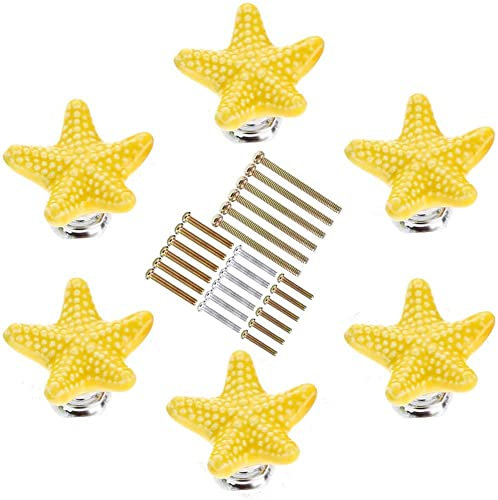 MayGreeny 6er Seesternförmiger Keramikgriff für Schränke, Schrankknöpfe, Möbelknöpfe, Schubladenknöpfe, Möbelgriffe Knauf für Schrank, Schublade,Schranktürknöpfe,Schubladengriffe (Gelb)
