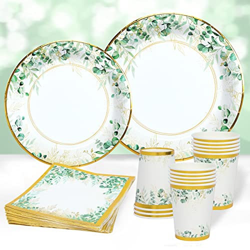 QIFU Grün Baby Shower Partygeschirr Set, Grün Gold Pappteller, Sage Green Papier Teller Becher Servietten für Mädchen Jungen Babyparty, Hochzeit, Brautparty, Wild One Geburtstag Deko