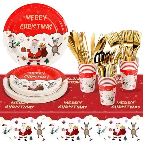 Nkaiso Vajilla de fiesta,141piezas Navidad set de juego de platos y Reutilizable cubiertos, cubertería de cartón, vasos y servilletas, para Navidad - 20 invitados