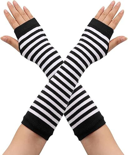Andiker Fingerlose Handschuhe mit langem Arm für Damen, Dehnbare Gestreifte Gestrickte Armwärmer Daumenloch Handschuhe (Schwarz und weiß)