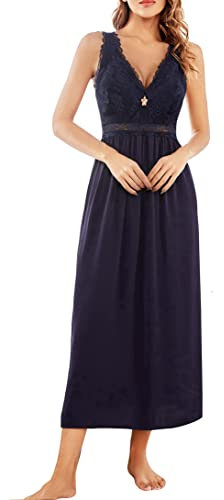 Alcea Rosea Femme Satin Chemise de Nuit Longue Dentelle Nuit Sexy Robe Elégante sans Manches Loisirs S-XXXL (Marine, L)