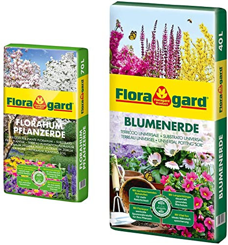 Floragard Florahum Pflanzerde 70 L • Universalerde • für Blumenbeete, Stauden, Sträucher, Gehölze und andere Gartenpflanzen • mit Tongranulat und dem Naturdünger Guano & Blumenerde, 40 Liter