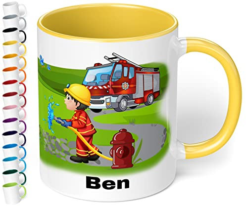 Tasse mit Namen für Kinder Feuerwehrmann – Kindertasse personalisiert – Feuerwehr Kinderbecher Trinkbecher für Jungen und Mädchen - rundum bedruckt – Geschenk zu Weihnachten, Geburtstag (Hellgelb)