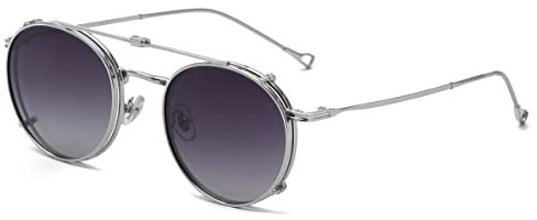 kachawoo Runde polarisierte Sonnenbrille Männer UV400 Linse Clip auf Sonnenbrille Frauen Metallrahmen Flip Up Brillen (silver with gray)