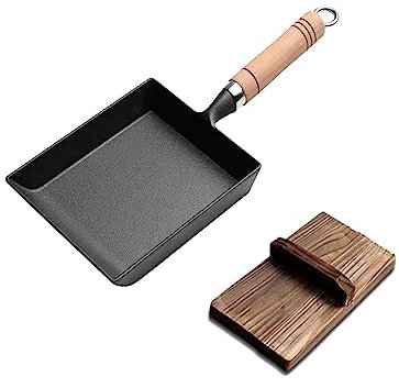 Vnook Rectangular Omelet Pan, Cast Iron Japanese Square Omelet Pan, Thickened Non-Stick with Wooden Lid