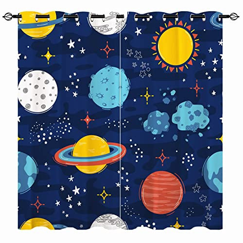 YUANZU Weltraum Vorhänge Kinder Planet Doodle Ösen Gardinen mit Blickdichte Thermo Vorhang Kälteschutz Blackout Curtain Kinderzimmer Schlafzimmer Verdunkelung Fenster, 2 Stück, H 175 x B 140 cm