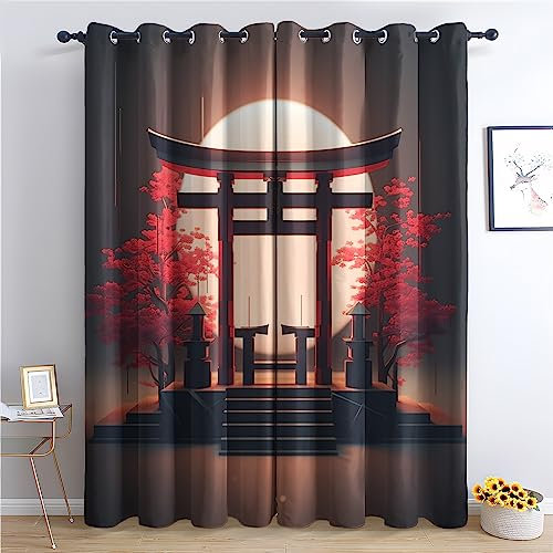 Rideau Occultant Thermiques Japonais - Lot de 2 Rideaux Imprimé pour Salon Chambre Fenetre Cuisine, Rideaux et Draperies Intérieurs à Oeillets, 110x215 cm (LxH)