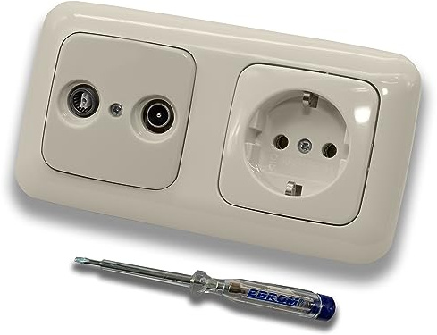 Busch Jäger SET: 2-Loch Durchgangsdose, Frequenzbereich 5-2400 MHz, Radio/TV/SAT-Kompatibilität inkl DURO2000 cremeweiß 2fach Rahmen + Steckdose 20 EUC-212 + EBROM Phasenprüfer zur Montage der Geräte