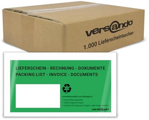 versando 1000 ökologische Lieferscheintaschen DIN lang selbstklebend 100% Pergamin Papier folienfrei grün/schwarz bedruckt: Lieferschein/Rechnung