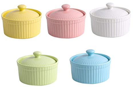 1 Set 5-teiliges Backschüssel-Dessertbecher-Set mit Deckel, Tassenkuchen-Pappbecher, Keramikgeschirr-Set, Probierbecher, Backporzellan, Auflaufförmchen, kleine Keramikschüssel, Puddingschüsseln aus Ke