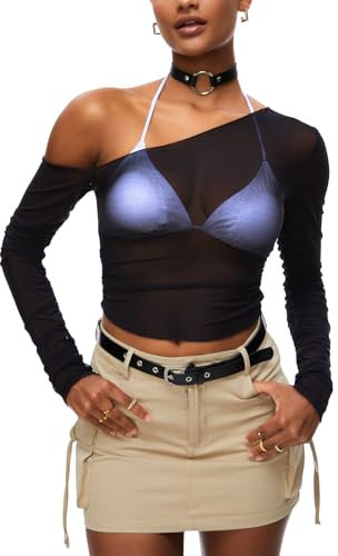 HAWILAND Women Y2K Mesh Sheer Long Sleeve Crop Tops See Through Slim Fit Ruched Blouse T Shirt Music Festival Clubwear