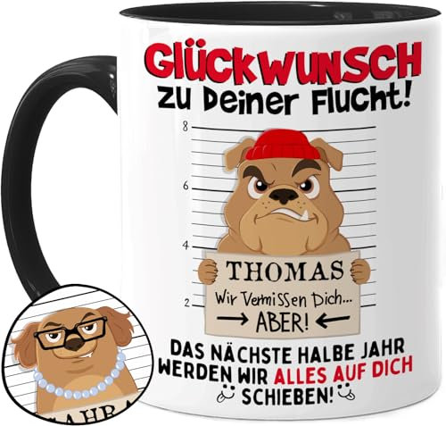Tassenliebling® Abschiedsgeschenk Kollegen Tasse personalisiert - Schwarz - Abschied Kollegin Tasse - Glückwunsch zur Flucht - Beidseitiger Druck - Lustige Bürotasse zum Jobwechsel - Arbeitskollege