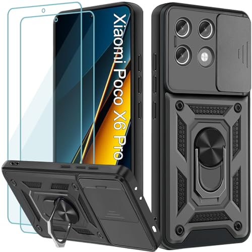 Yohii Cover per Xiaomi Poco X6 Pro 5G 6.67, con 2 Pack Vetro Temperato, Protezione Fotocamera 360° Metallo Anello Supporto Militare Silicone Antiurto Hard PC Custodia - Nero