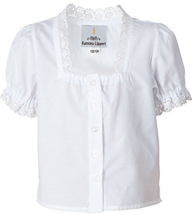 Ramona Lippert® Blusa para niños Lara blanca | Blusa talla 86 – 164 | Blusa tirolesa niña con encaje para ocasiones festivas y trajes tradicionales |, Blanco, 122 cm-128 cm