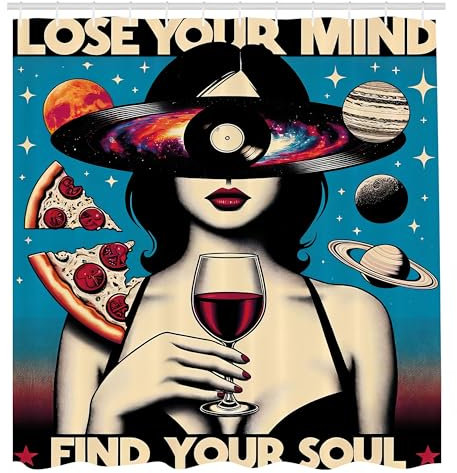 ABAKUHAUS Vintage Duschvorhang, Galaxie Thema Retrospektives Lose Your Mind Lettering Frau Weinrebe Mars, Stoffliches Gewebe mit Haken, 175 x 200 cm, Eierschale Schwarz Mehrfarbig