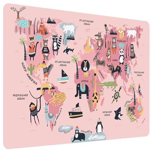 Schreibtischunterlage Kinder Weltkarte Rosa Boho Style | feucht abwischbar | 60x40cm | Made in Germany | Pflegeleichtes Vinyl Material (Rosa, 60x40cm)