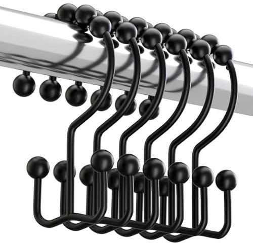 Duschvorhang Haken, 12 Stück Aufhängeringe mit Gleitsystem Duschringe für Duschvorhang Ringe Sie Halten Den Duschvorhang Sicher und Gleiten Mühelos-Schwarz