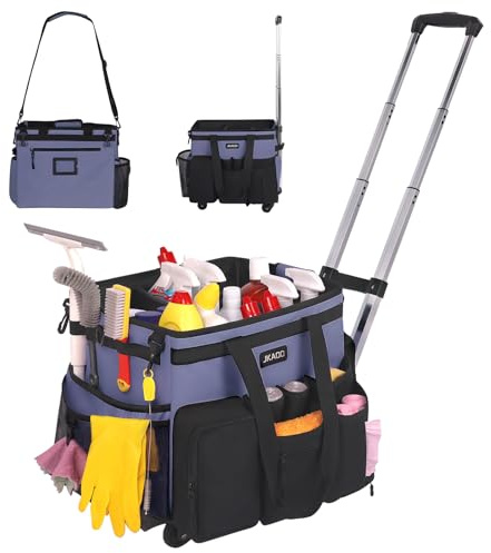 JKAOO Large Rolling Cleaning Caddy Bag with Detachable Trolley, Denim Blue