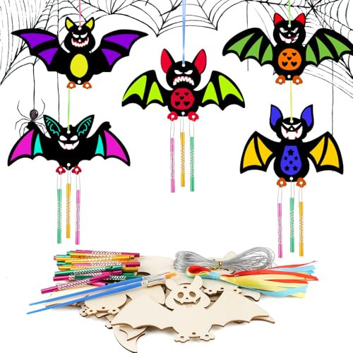 Moosono Halloween Fledermaus Windspiel Bastelset Basteln Kinder, halloween bastelset kinder, Holz Bastelhandwerk zum Bemalen, Bat Holzbastelset Klangspiel Kreativsets für Mädchen Junge（9 Stück）…