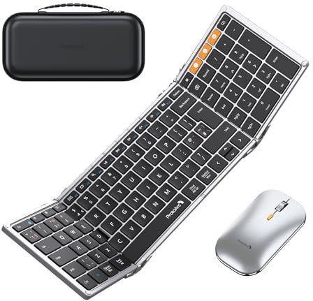 ProtoArc Foldable Keyboard and Mouse Combo, Folding Bluetooth Keyboard Mouse for Travel, 2.4G+Dual Bluetooth, Full-Size Rechargeable Portable, QWERTY UK Layout - Silver & Black