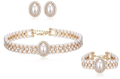 Ever Faith Parure de bijoux pour femme avec perles simulées en cristal vintage 3 couches - Collier long et boucles d'oreilles, cristal Perle simulée