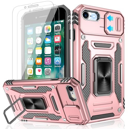 Jshru for iPhone SE 2022 & 2020 Case with Screen Protector,iPhone 7/8 case,[Built-in Camera Cover],Ring Kickstand Phone Cover for iPhone SE 4.7'',Rose Gold