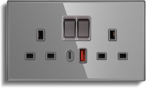 CNBINGO Double Switched Socket with 20W PD USB C and A Fast Charging Ports, Electric Power Sockets 2 Gang 13 Amp, Grey Tempered Glass Panel Wall Outlet, 1 Pack