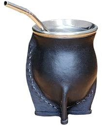Vaso Mate Argentino Térmico, Mate de Acero Inoxidable Doble Pared con Exterior de Cuero Negro, Mate con Bombilla de Acero Inoxidable, Yerba Mate Cup