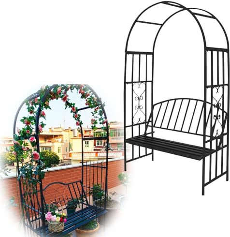 Gartenbogen mit Bank, 210 x 114 x 52 cm, Metallspalier, Gartenlaube für Kletterpflanzen mit Gartenbank, zum Anbau von Weintrauben und Ranken, Terrassendekoration