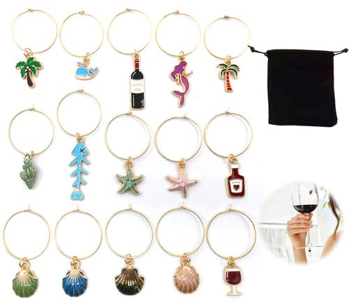 Jormftte 15 Stück Weinglas Anhänger,Glas Identifikations Getränke Markierungen Wiederverwendbare,Ozean Thema Glasmarkierer Weinglas für Party Weinglas Wein Cocktail Champagner