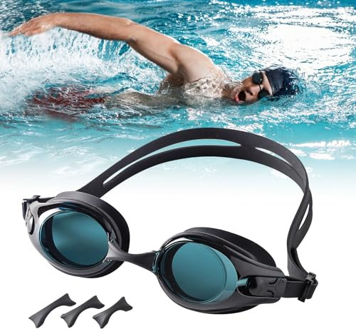 Lunettes de Natation avec Verres Correcteurs, Anti-buée Protection UV HD Objectif Professionnelles,Confortables avec Sangles Réglables et Supports nez Interchangeables pour Hommes et Femmes -Noir
