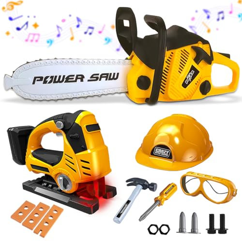 Xwin Sportseries 15PCS Kids Electric Workshop Tools Educational Playset - Includes Yellow Chainsaw, Jigsaw, Helmet, and Accessories - Learning Construction Roleplay Tool Kit Game for Ages 3+
