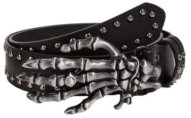 QFSH Punk Herren Taillengürtel Skelett Hand PU Leder Gürtel mit Schnalle Gothic genieteter Taillengürtel für Männer Frauen Jeans Hosen Breite 3,8 cm, Schwarz, Einheitsgröße