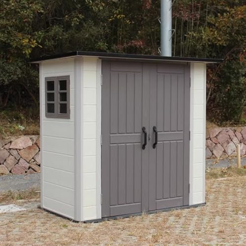 Abri de rangement extérieur en résine avec portes verrouillables, abri de jardin étanche avec fenêtre au sol, idéal pour jardin, cour, terrasse et solution de rangement sécurisée